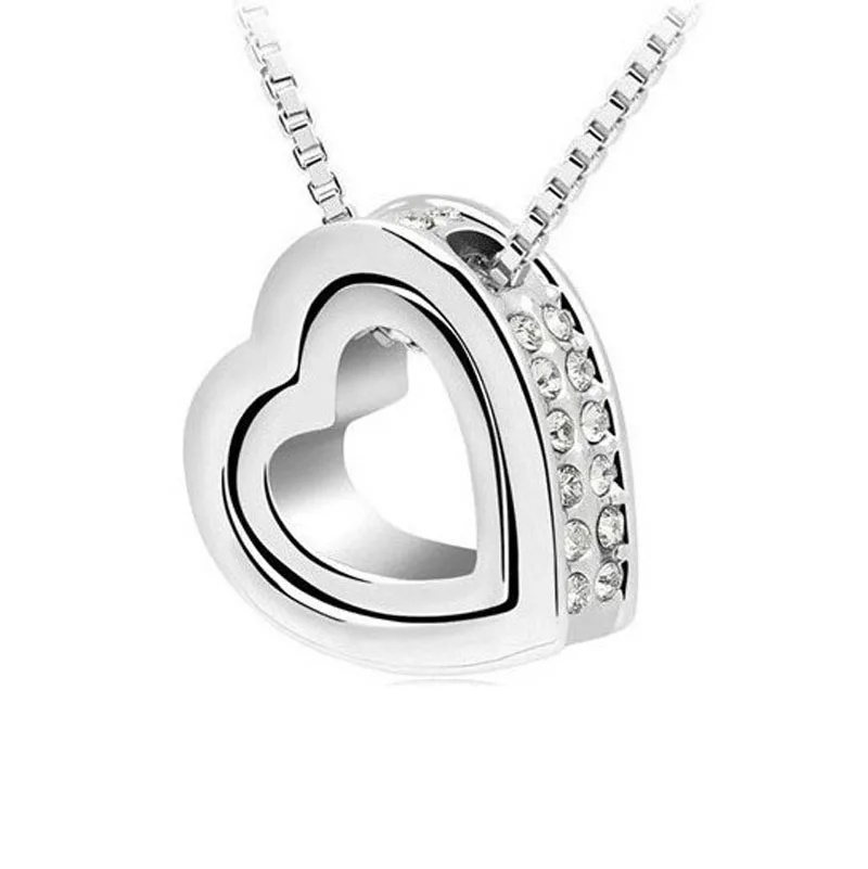 Silver.White Новое качество австрийский кристалл АААА+ двойное сердце со стразами кулон свитер цепь ожерелье шарм Женская мода ювелирные изделия - Окраска металла: Silver.White