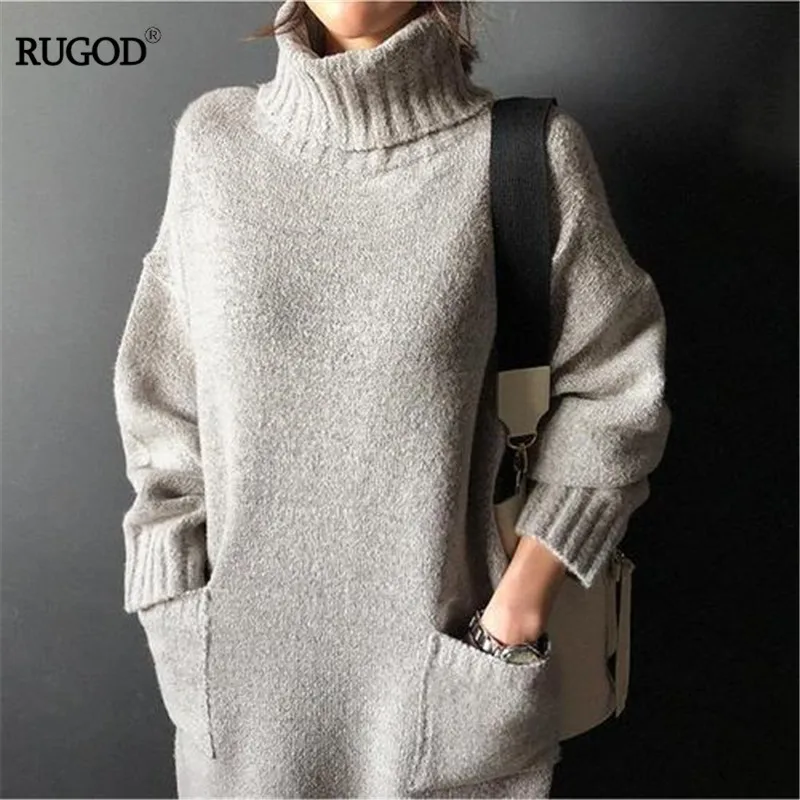 Женское плотное вязаное платье RUGOD теплое свитер с высоким воротником и