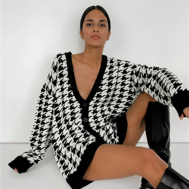 

Sweater Cardigan Autumn Women V-neck Houndstooth Oversized Cardigan Long Sleeve Loose Knitted Cardigans Jerseys Mujer