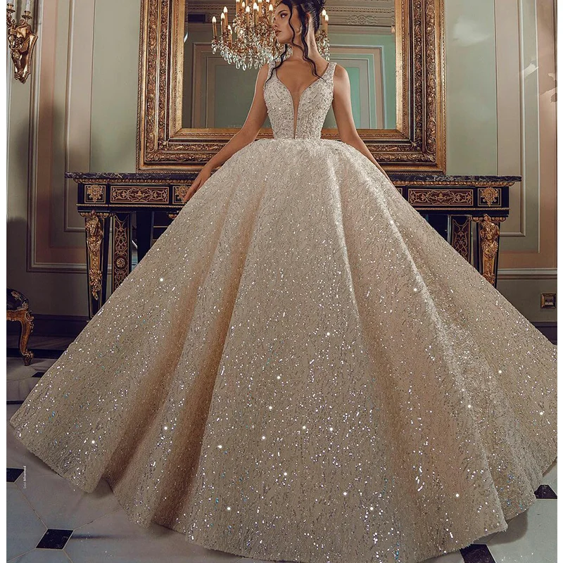 

Arabic Luxury Ball Gown Wedding Dresses Lace Sequins Beads Vestidos De Novia 2021 Customize V Neck Country Bridal Dress
