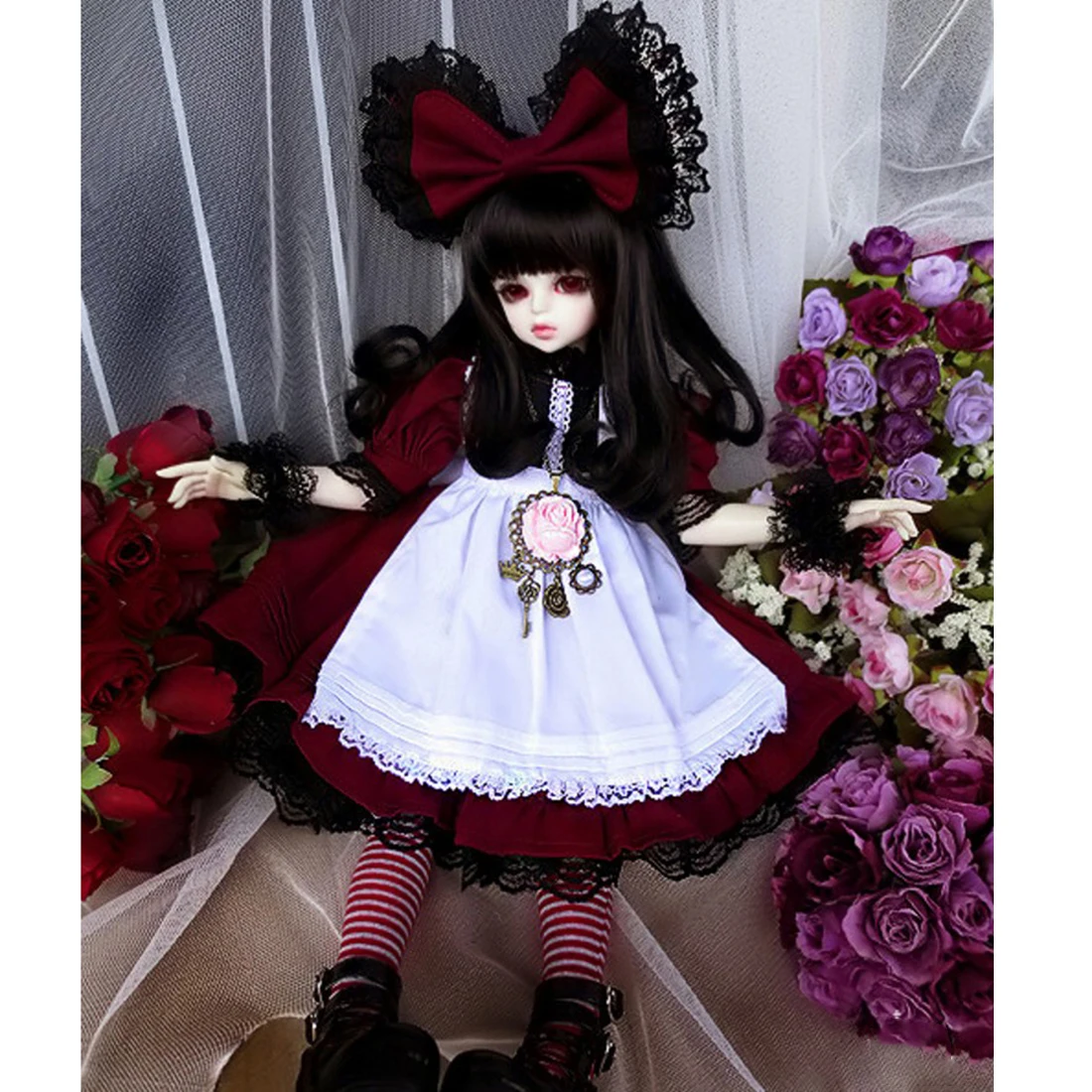 

Vintage Red Housemaid Outfit Clothes Set for 1/4 BJD Dolls Diy Beautiful Dolls Accessories - No Doll