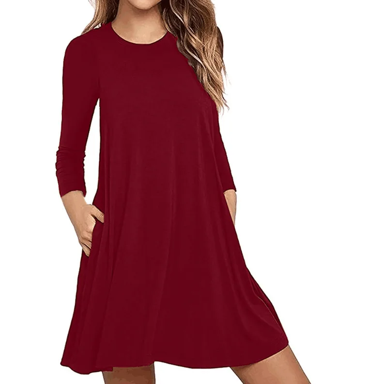 

European And American-Style Autumn New Style Dress Hot Selling Solid Color with Pockets Dress