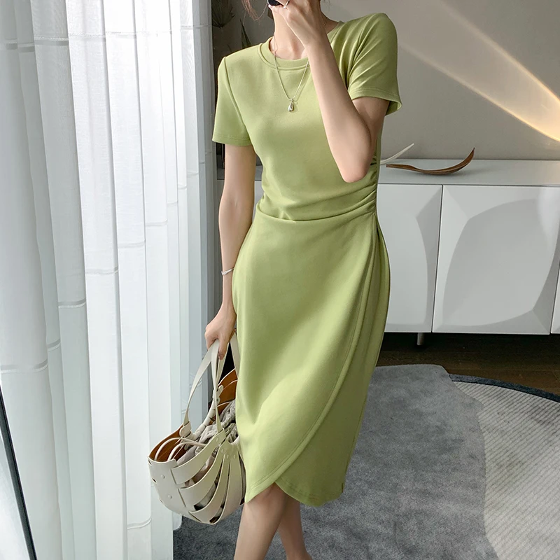 

autumn 2021 Short Sleeve Bodycon Green Dress Women Elegant Sexy Fold Slim Waist Mermaid Midi Dress Dress