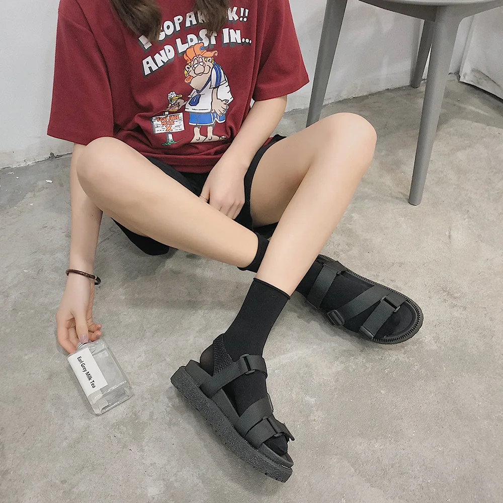 

SWYIVY Cloth Fashion Platform Shoes Women Sandals 2020 Summer Women Shoes Hook Loop Flat Sandals Woman Heels Sandale Femme Black