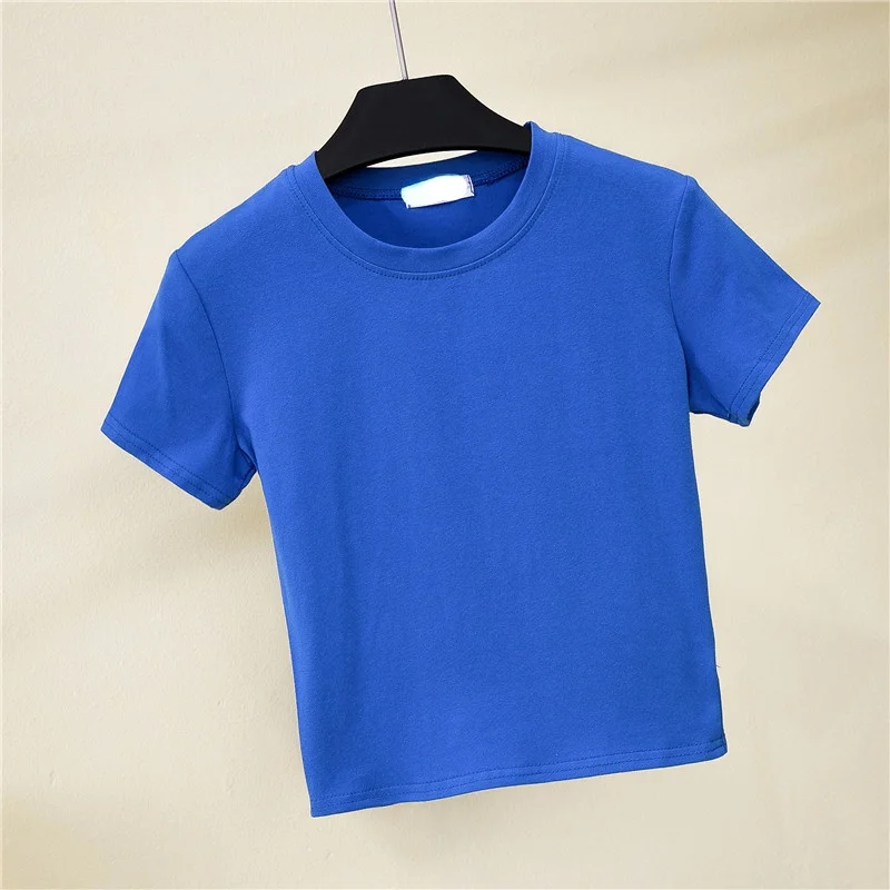 

Green Crop Top T-Shirt Female Solid Cotton O-Neck Short Sleeve T-shirts for Women High Waist Slim Short Sport Femme T-Shirt