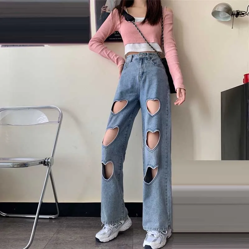 

Женские джинсы с завышенной талией, Новинка лета 2021, свободные брюки с дырками, модные корейские прямые брюки, широкие брюки