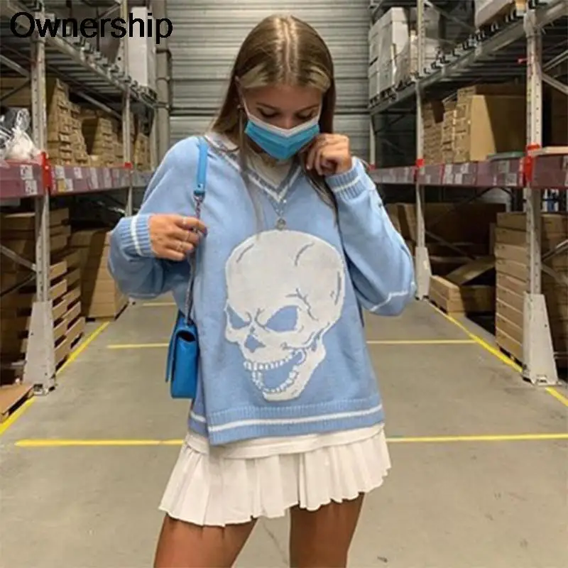 

Женский свободный свитер в стиле Харадзюку, розовый или Черный винтажный свитер большого размера с принтом черепа в Корейском стиле, Осень-...