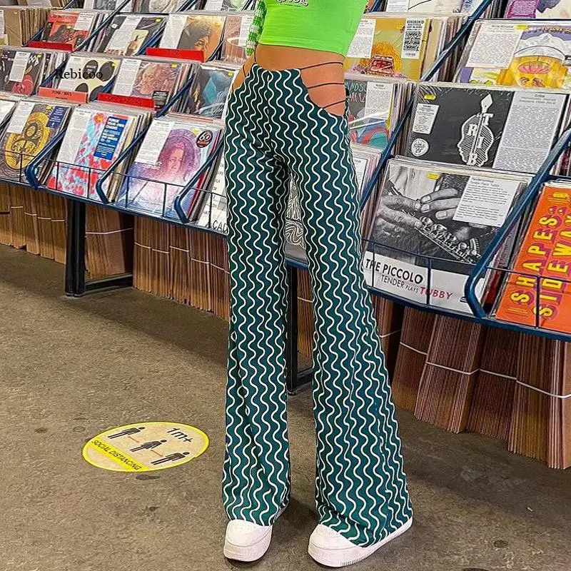 

2021 Autumn Women's New Corrugated Printed Hollow Waist and Open Waist Casual Pants
