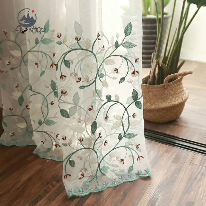 

AS New Strawberry embroidery luxury American country countryside small fresh light green Curtains for Living dining room bedroom