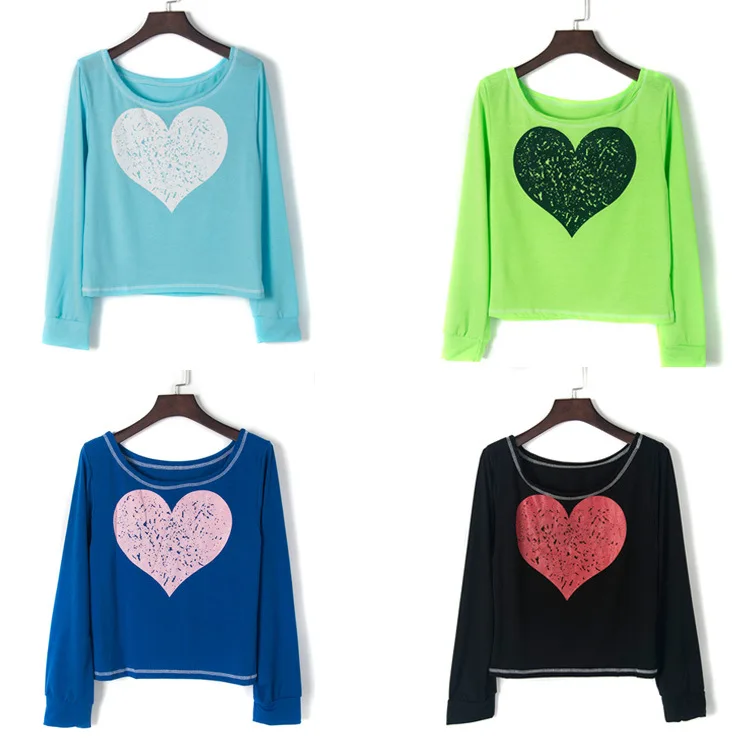 

European and American Summer AliExpress Popular Heart-Shaped Printed Long-Sleeved Short T-shirt Women