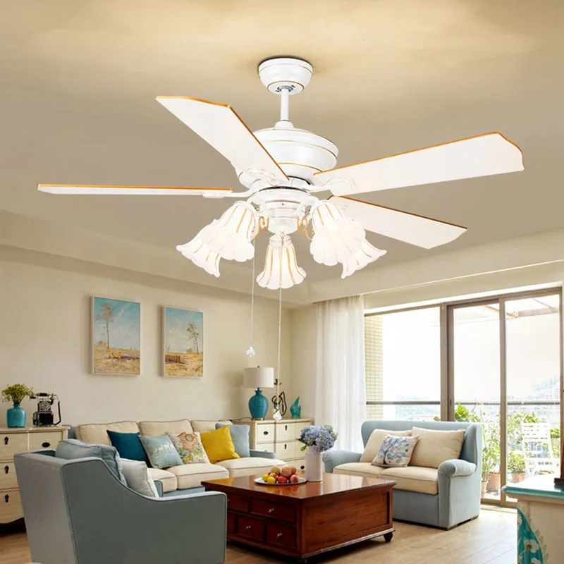 

52 inch wood leaf white electric fan light restaurant living room decoration lamp bedroom furniture with lamp fan lamp