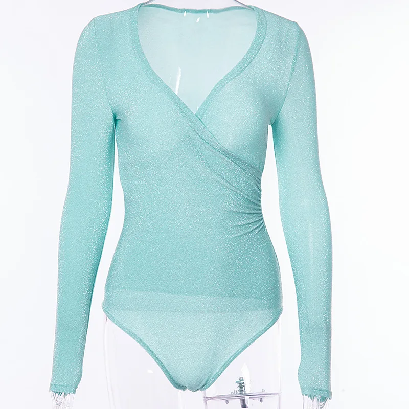 

Sexy Reflective Cross Bodysuit Women Long Sleeve Deep V Bodysuits Overalls Autumn Winter Fahsion Party Club Solid Body Jumpsuits