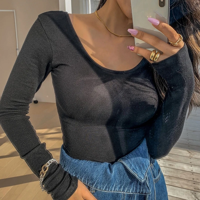 

Women Screw Thread T Shirt Tops Spring Long Sleeve Casual Basic Tshirts Clothes Korean Style Slim Femme Elegant Cotton Tee Shirt