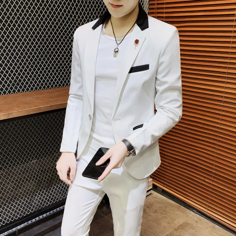 

2020 Autumn New Men's Color Matching Suit Slim Youth Fashion Trend All-match Suit Two Pieces