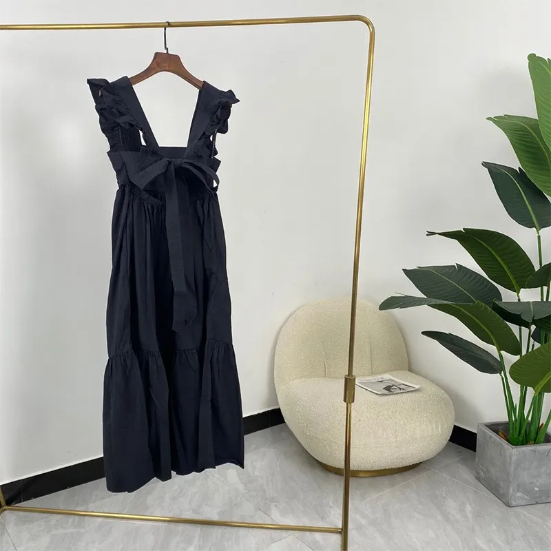 

High Quality Cotton Summer Women Fashion A-line Black Sleeveless Squre Collar Ankle Length Dressses