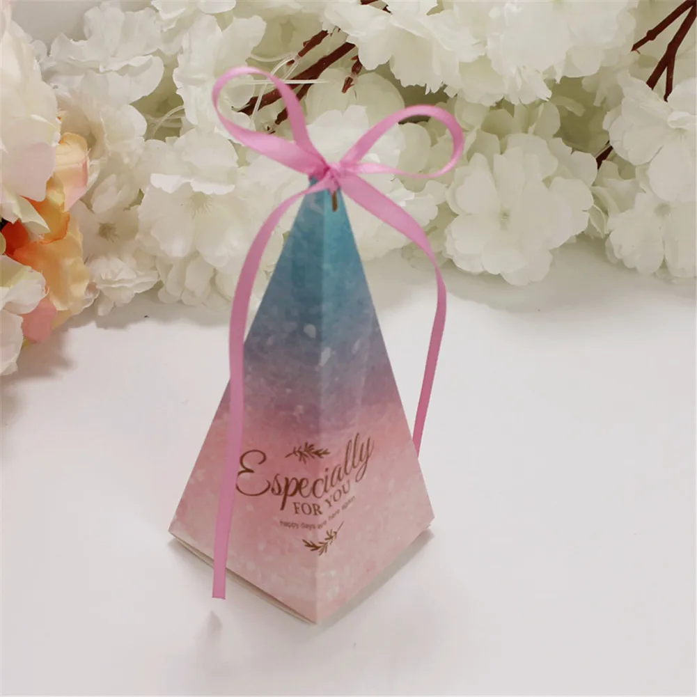 

50Pcs Pyramid Shape Candy Boxes with Ribbon Wedding Birthday Party Favor F2