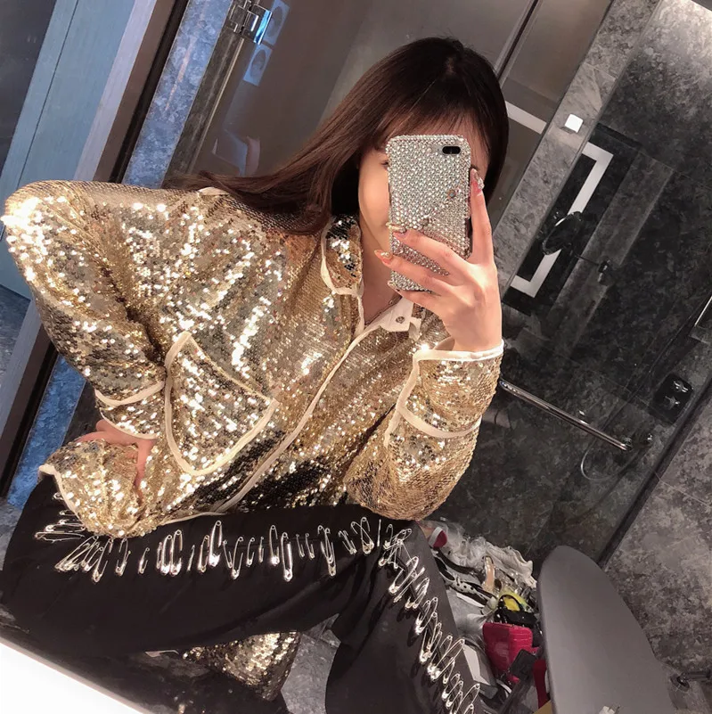 golden sequins Блестящий глиттер с блестками и длинным рукавом, блестящие серебряные куртки, вечерние костюмы для клуба, бара, диджеев - Цвет: golden sequins