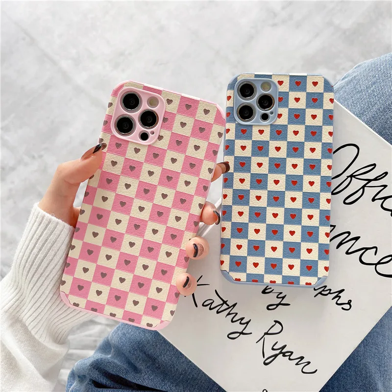 

Pink Blue Checkerboard Phone Case For iPhone 11 Pro 12 Pro 13 6 6s 7 8 Plus 12mini X XS Max XR Cute Love Heart Soft TPU Cover