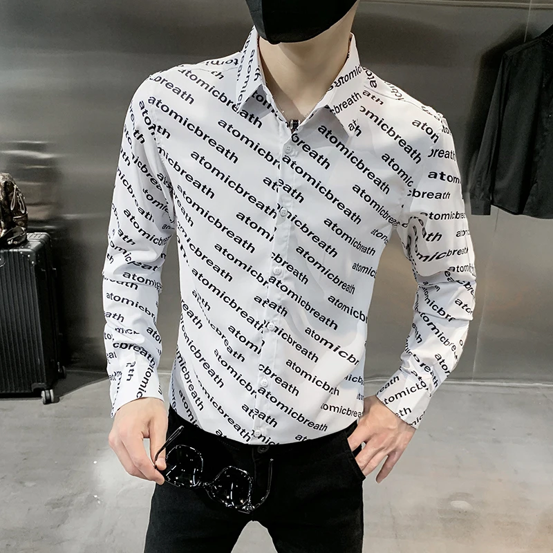 2021 Autumn Men's Full Letter Print Shirt Slim Long Sleeve Casual Shirt Business Formal Dress Shirts Social Party Chemise Homme