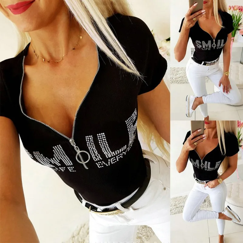 

Summer Women T-Shirts Sexy Slim t shirt Letter Printed Short Sleeve T-shirt Zipper V-neck T-shirt Ladies Top