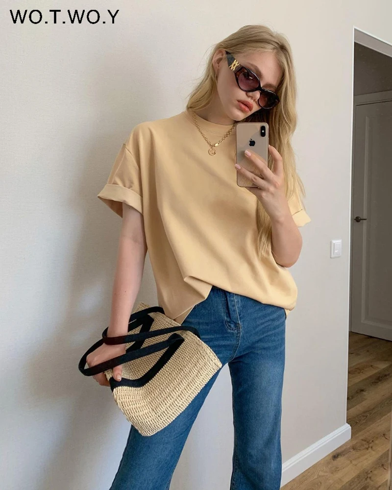 

WOTWOY Summer Oversize Short Sleeve T-Shirt Women Casual Basic Tee Shirt Women O-neck Cotton Black White Harajuku Tops Female