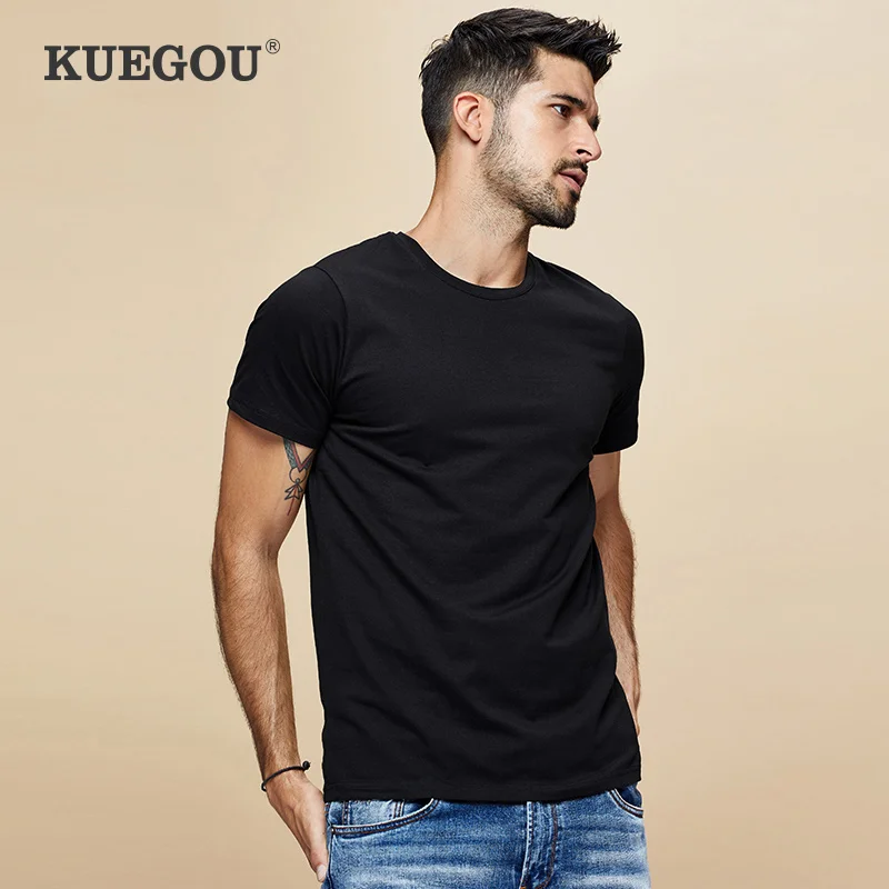 Мужская хлопковая футболка с коротким рукавом KUEGOU белая Однотонная удлиненная