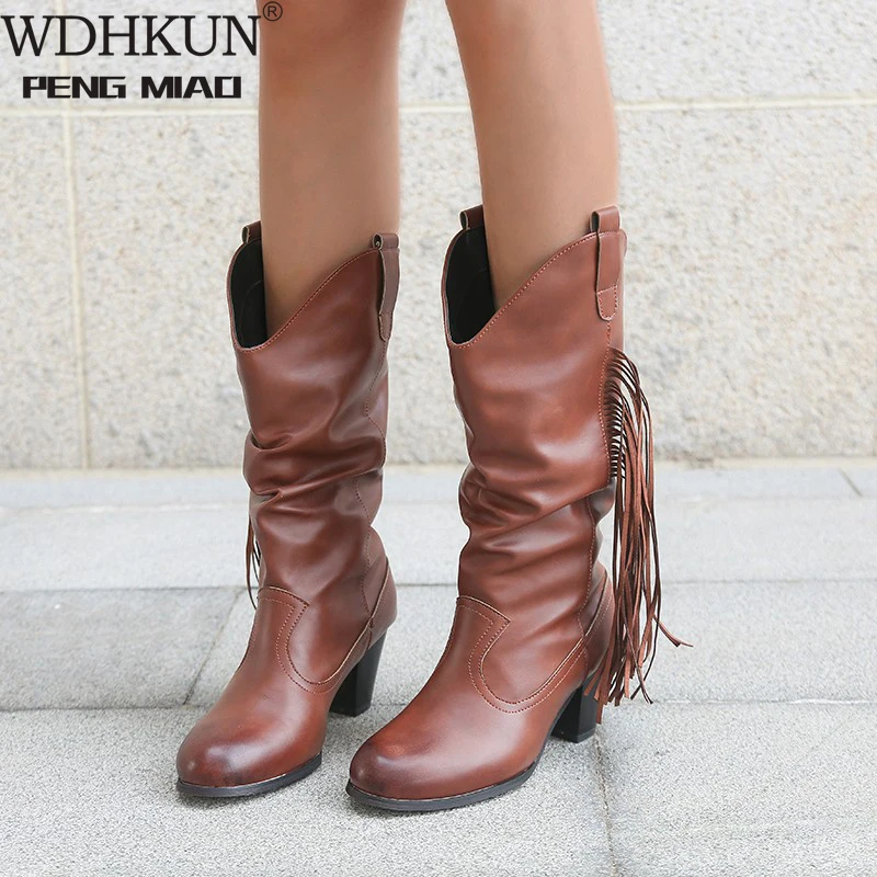 

Женские Плиссированные сапоги до середины икры, женские кожаные туфли-лодочки большого размера с кисточками и на среднем каблуке, Женская у...