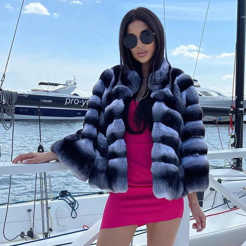 Women Natural Rex Rabbit Fur Coat Stand Collar New Trendy Woman Genuine Rex Rabbit Fur Jacket Chinchilla Color Fur Overcoats