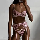 Комплект женского нижнего белья, кружевной розовый бюстгальтер с цветочным принтом и трусики, удлиненный халат, прозрачное сексуальное нижнее белье с вышивкой, ночное белье, порно, интимное белье