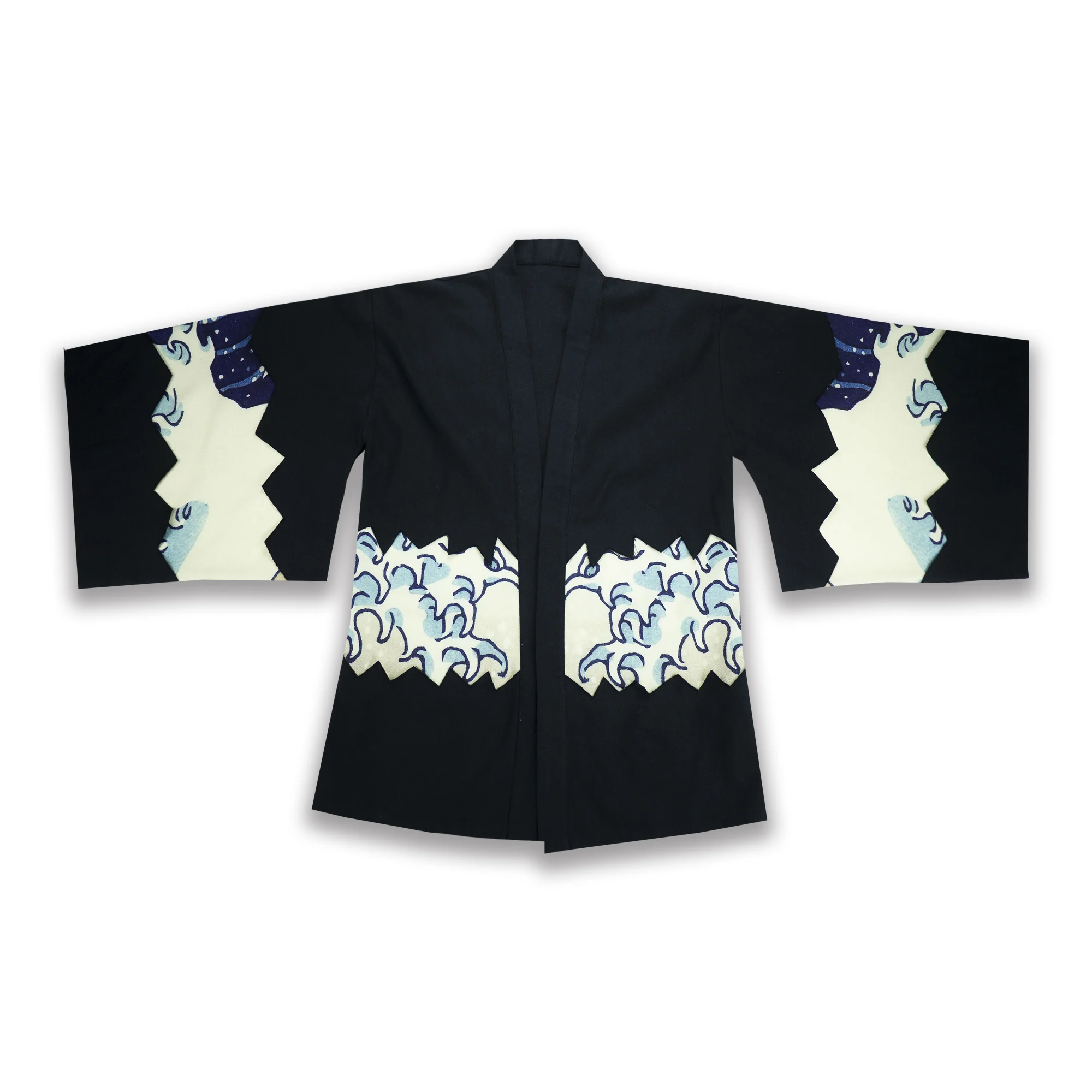 

2021 Woman Japanese Kimono Ukiyoe Kanagawa Irregular Frayed Coat Wave print Spliced Long Sleeves Jacket
