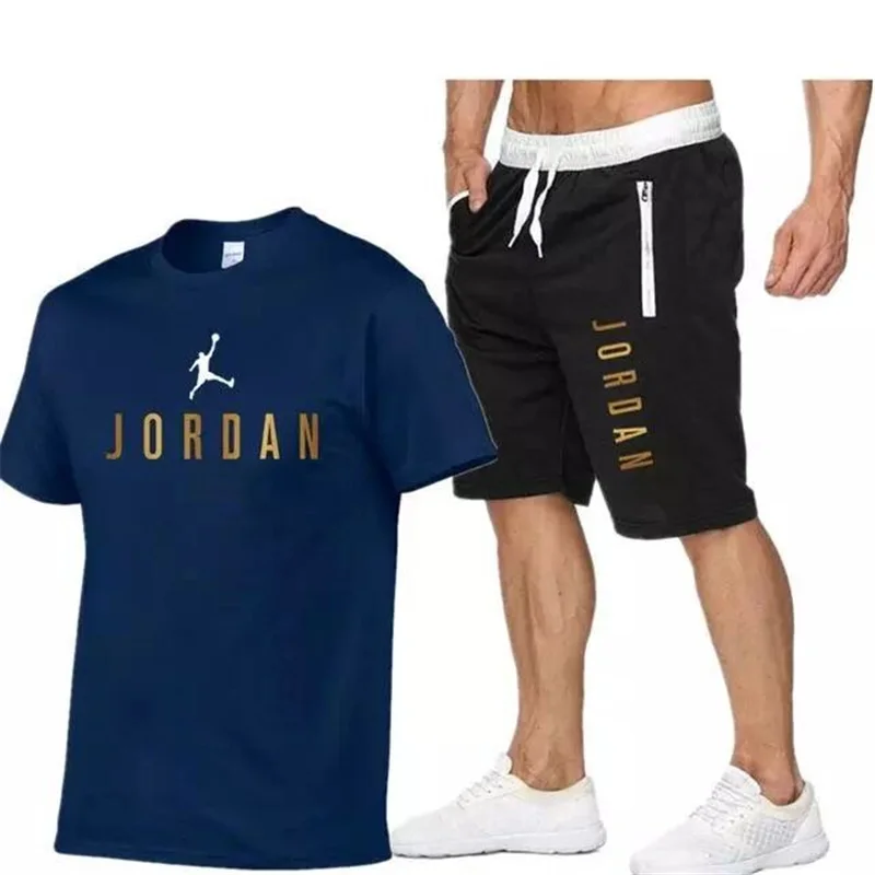 

Men's sports leisure fashion printed short sleeve suit cotton T-shirt + sports shorts two piece quick drying breathable running
