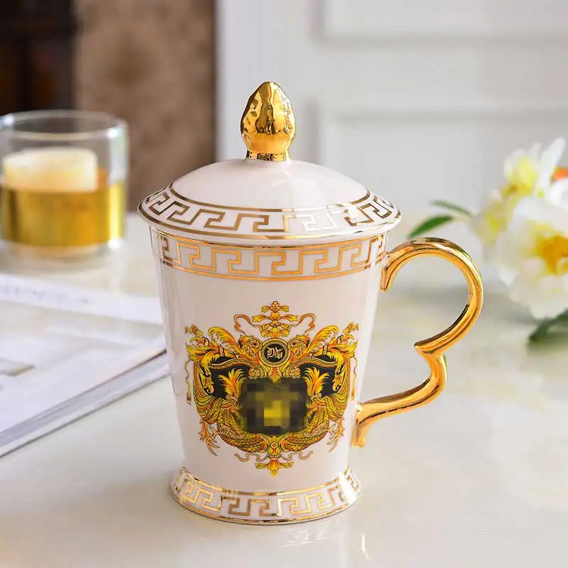Роскошная фарфоровая чайная чашка с крышкой, Золотая мозаика, голова лошади, Декор, керамическая чайная кружка и крышка, чайная чашка, уникальные Boss Friends, подарки для папы