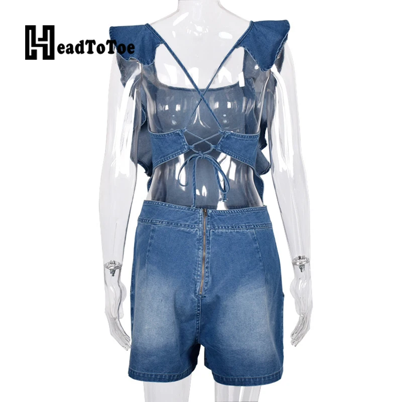 Женские джинсовые комбинезоны с карманами и оборками открытой спиной квадратным