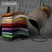 visrover 25 colorways solid cashmere woman winter hat with pompom unisex autumn real fur bonnet soft wool woman warm skullies