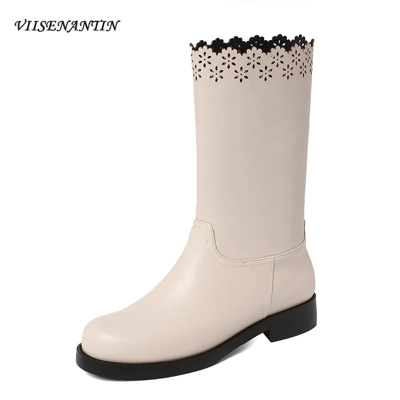 

Autumn and Winter New Round Toe Mid-heel Lace British College Style Short Boots Design Sense Hollow Burnt Flower Mid-tube Boots