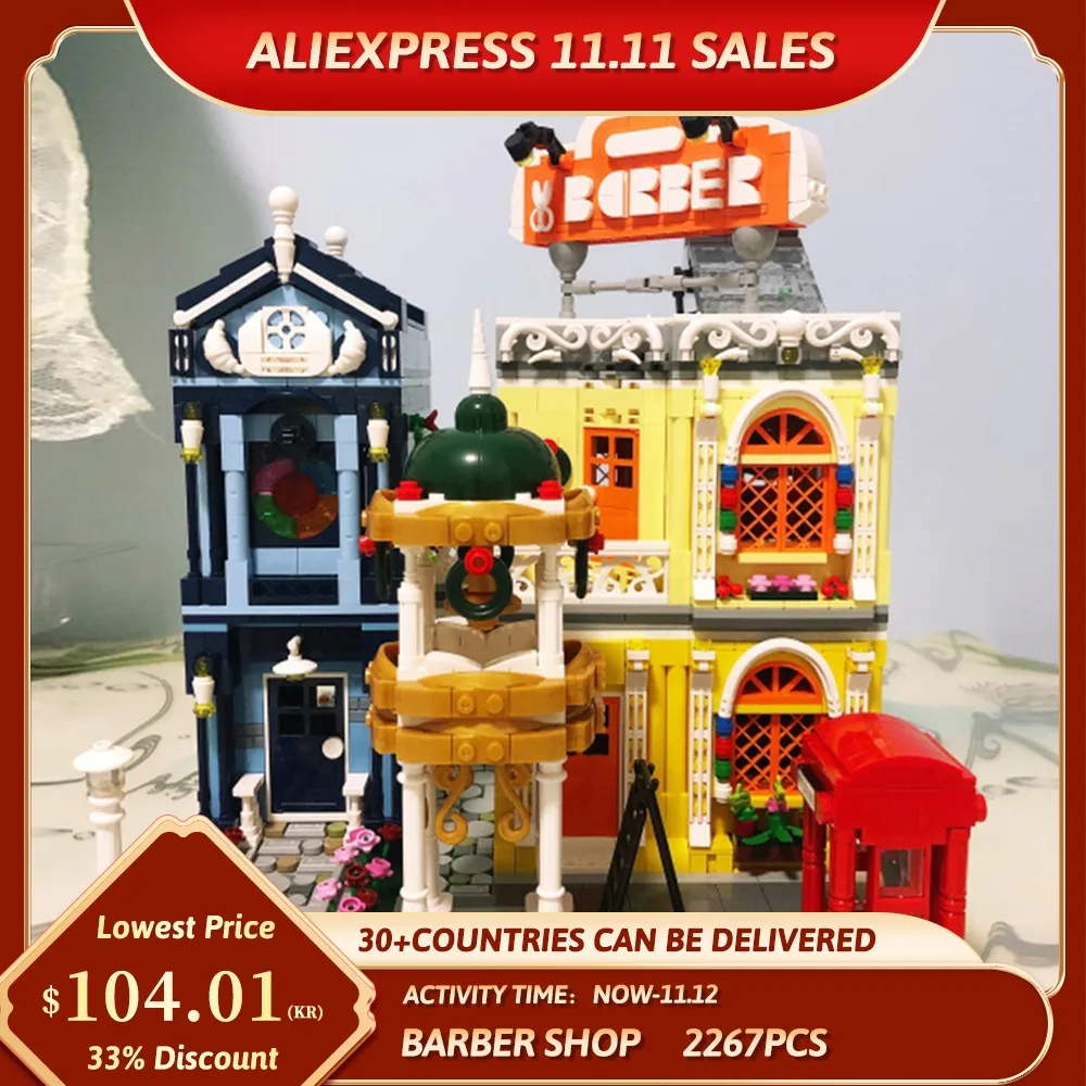 

Ideas Creative Expert Street View Barber Shop In Town 2267 pc Moc Modular Brick Model Building block toy Parisian Restaurant