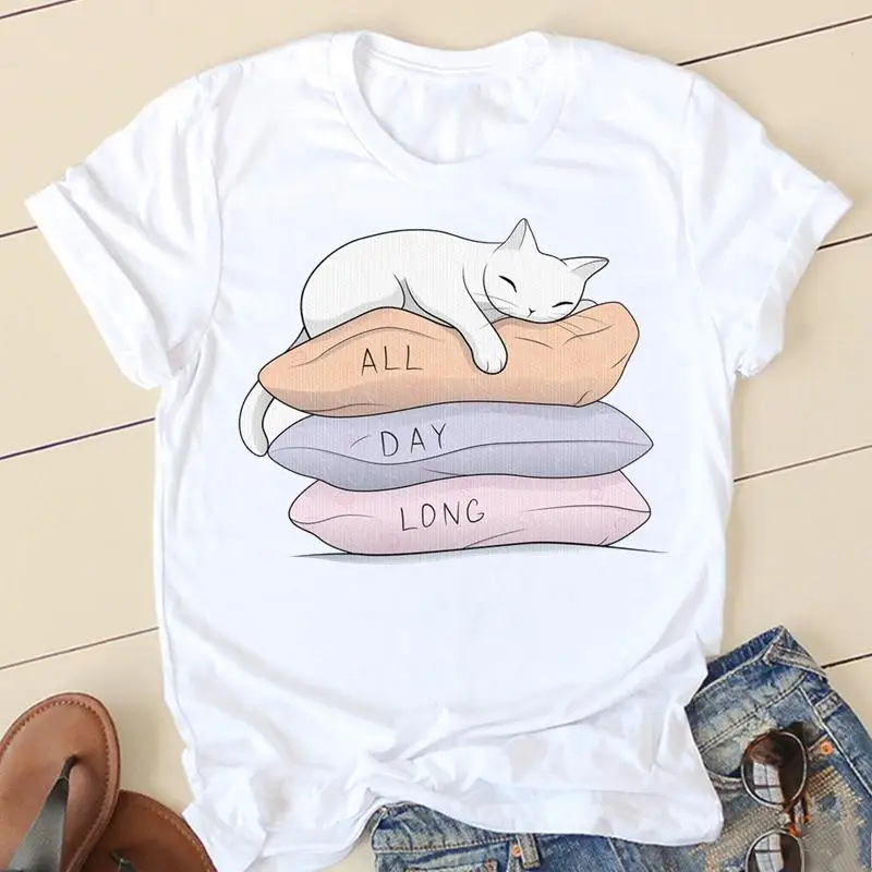 

Женские футболки, Милая женская футболка с забавным котом, мультяшная одежда, модная женская Повседневная рубашка с коротким рукавом, футбо...