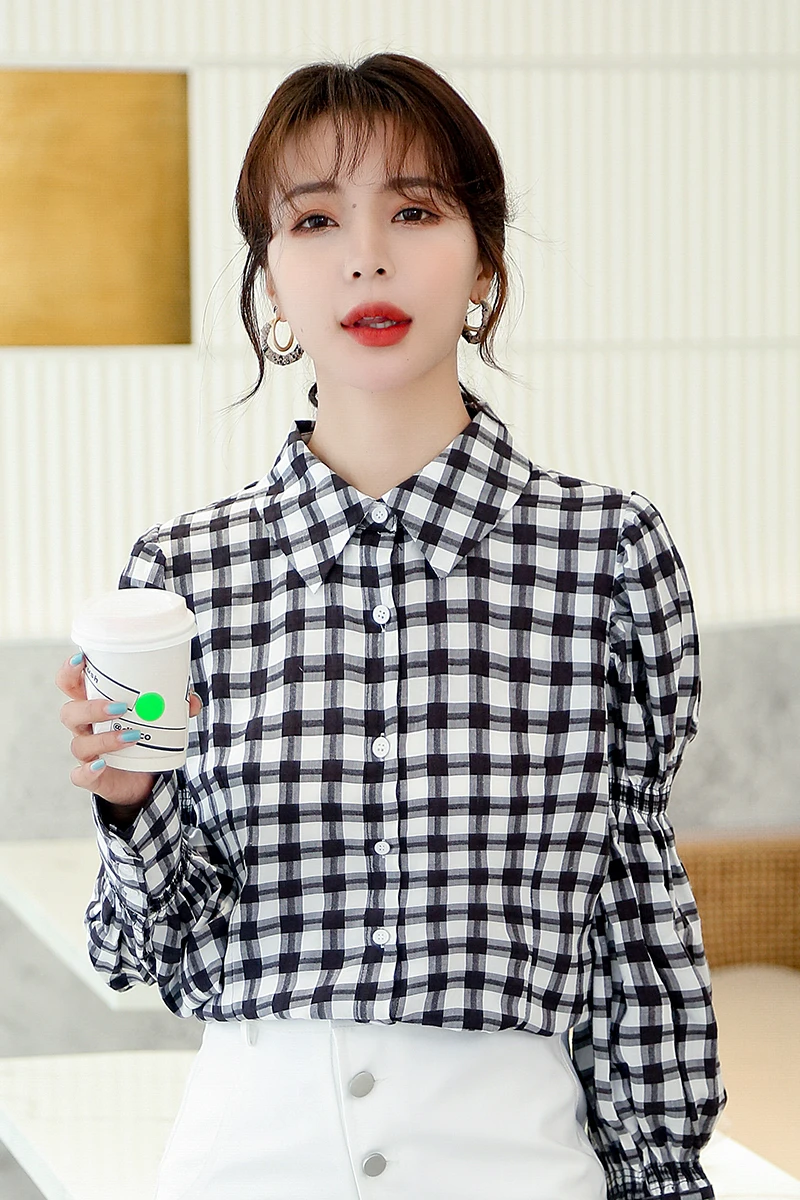 

Houthion New Casual Women's Blouse Fashion Long Sleeve Top Lattice Buttons Shirt Spring/autumn Chiffon Slim Blouses