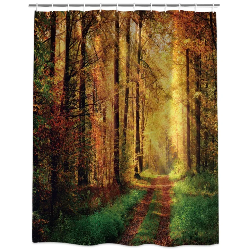 Удлиненные тканевые занавески для ванны, душа, зеленый цвет, лесное дерево, пейзаж, устойчивые к плесени, декоративные наборы для ванной комнаты с крючками