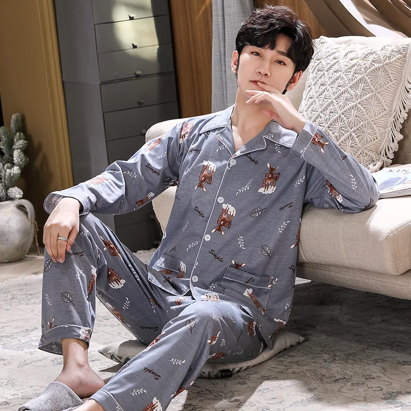 

Mens Pajamas Autumn Print Cardigan Lapel Long Sleeve Pijamas Knitted Cotton Pyjamas Home Wear Pajama Set Men Plus Size Sleepwear