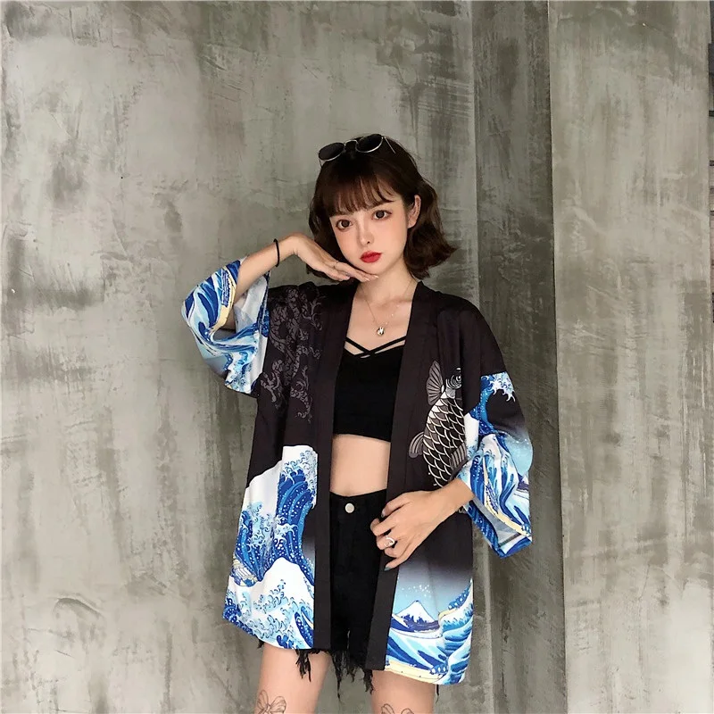 Кимоно женское с принтом юката японская одежда уличная азиатская кардиган
