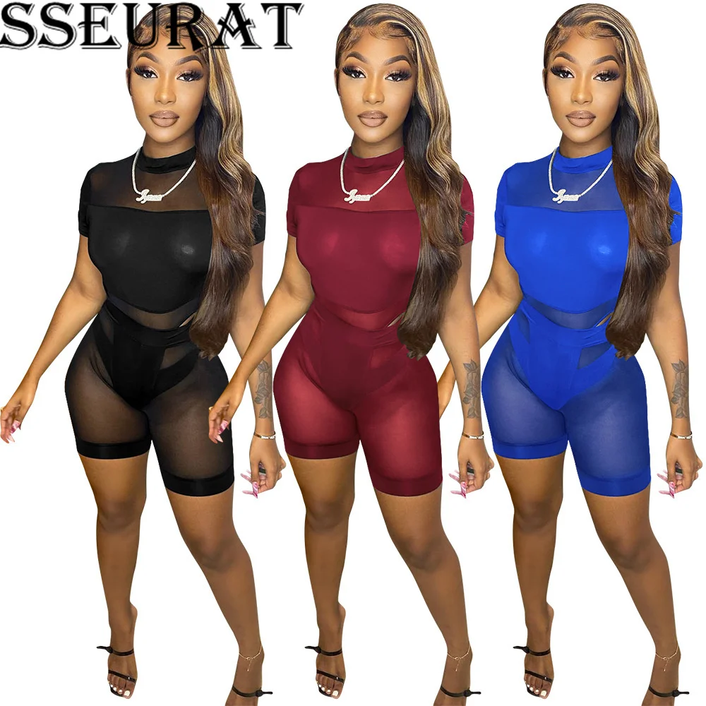 

SSEURAT Women 2 Pieces Solid Bodysuit Mesh Biker Shorts Set Skinny See Through Sexy Streetwear Party Club Tracksuit