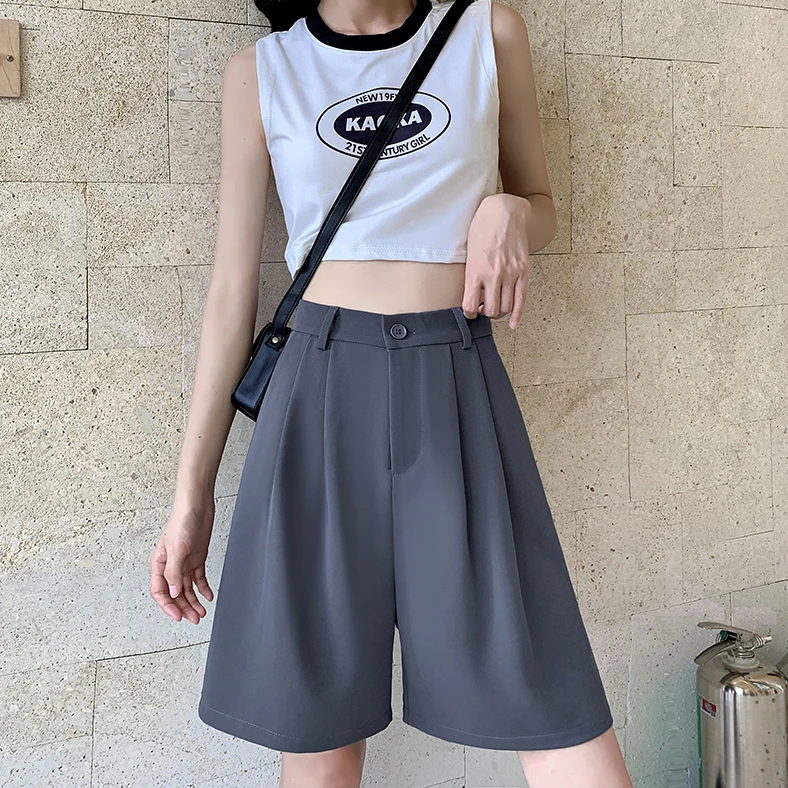 Women Knee Length Shorts Summer Casual High Waist A-line Shorts Loose Wide Leg Chiffon Shorts Chic Lady Black Gray Suit Shorts