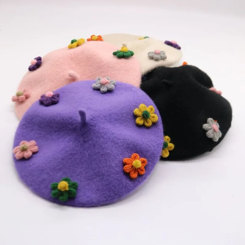 

Family Mother Daughter Winter Wool Beret Hat Warm Cap Elegant Flower Women & Kids Girls Hats and Caps Painter Cap czapka zimowa