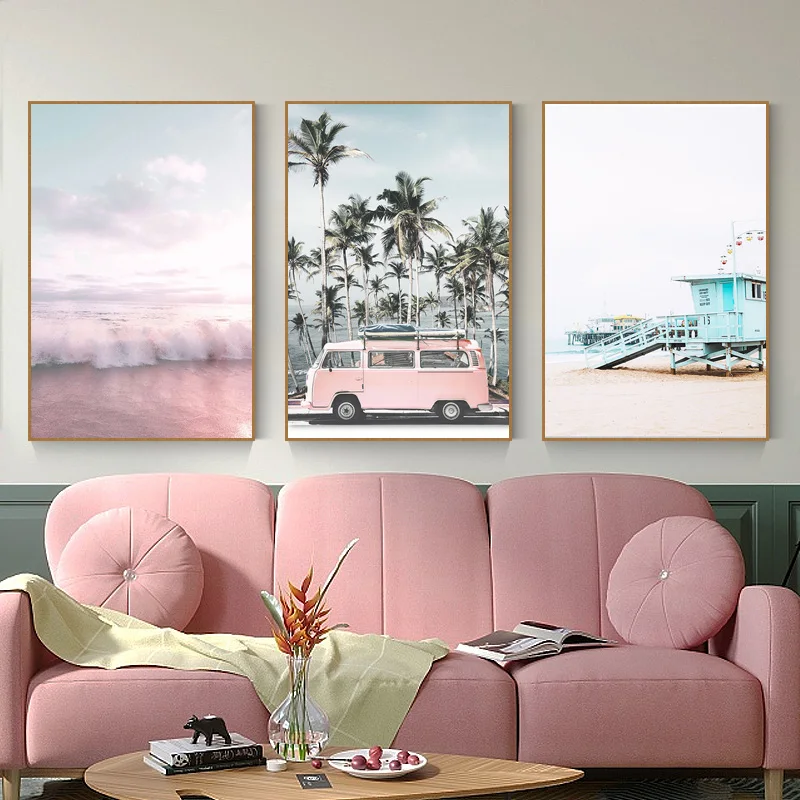 Пейзаж океана холст Постер в скандинавском стиле пляж Розовый автобус Настенная