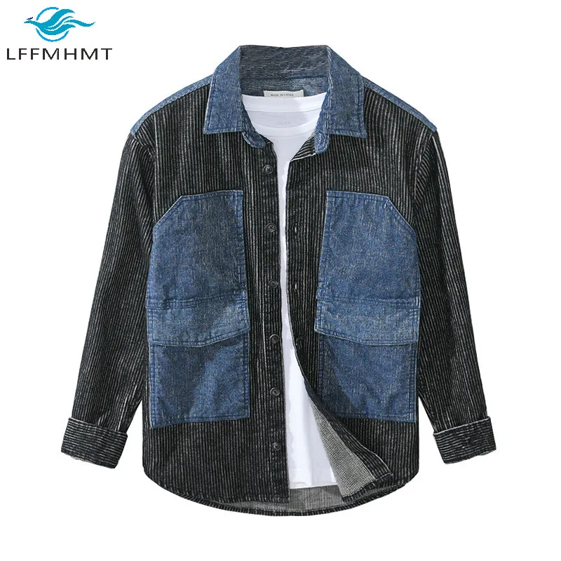 

Japan Style Corduroy Vintage Shirt Winter Fall Fashion Denim Patchwork Cotton Shirts For Men Collared Casual Streetwear Clothing