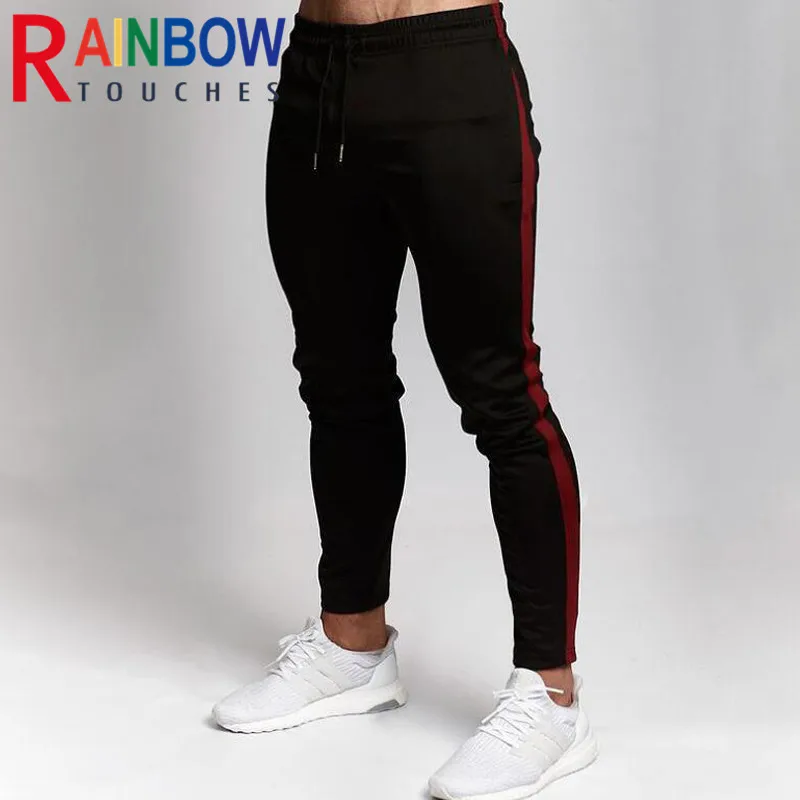 

Rainbowtouches Gym All Seasons Muscle Men Pants Slim Side Stripe Printing Knitted Fabric Sport Running Pants