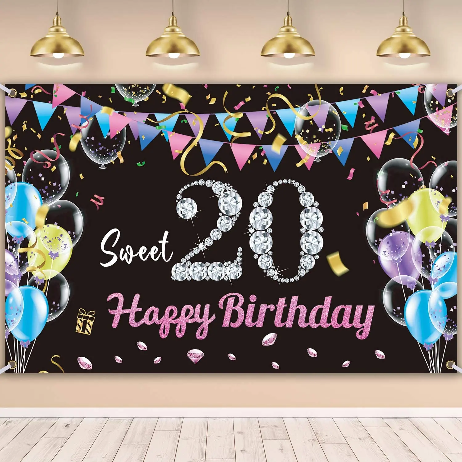 

Happy Sweet 20th Birthday Photography Backdrop Extra Large Diamond Poster Background For Personalized Anniversary Banner