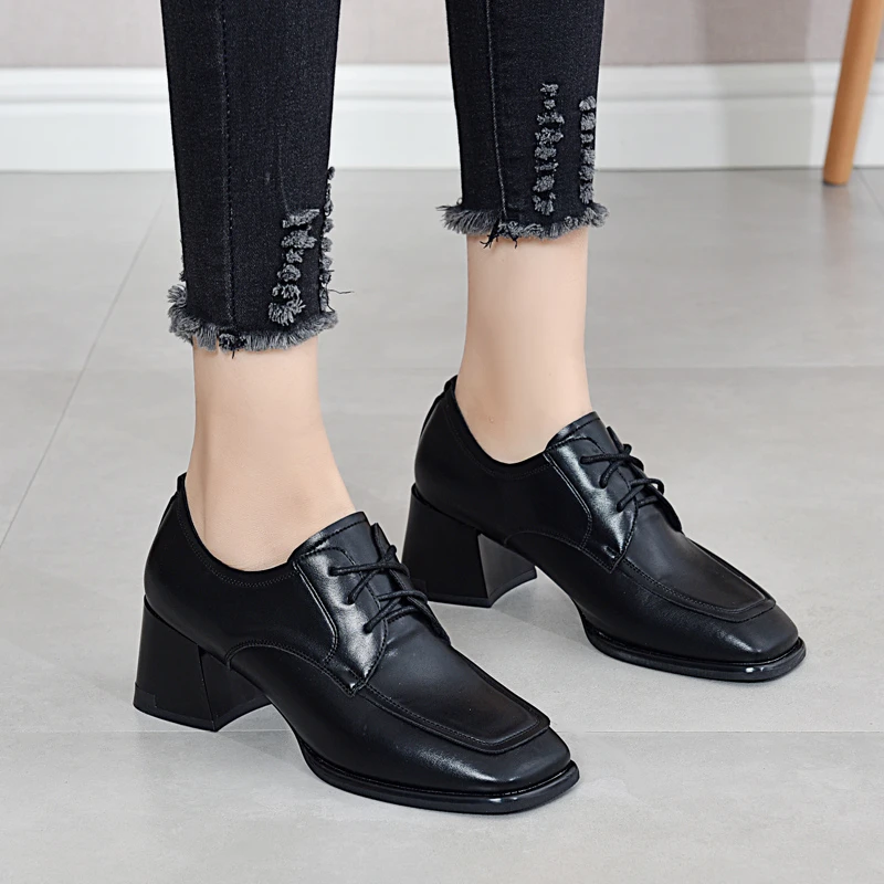 

Туфли Rimocy в стиле ретро с квадратным носком, на высоком каблуке, женские весенние новые туфли-лодочки на шнуровке, женские черные офисные ту...