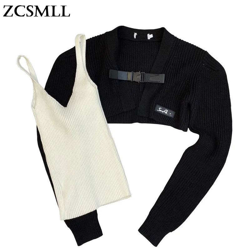 

ZCSMLL 2021 Autumn V-neck Long-sleeved PU Button Blouse with Suspenders Black and White Decoration Ins Sweater Two-piece Set